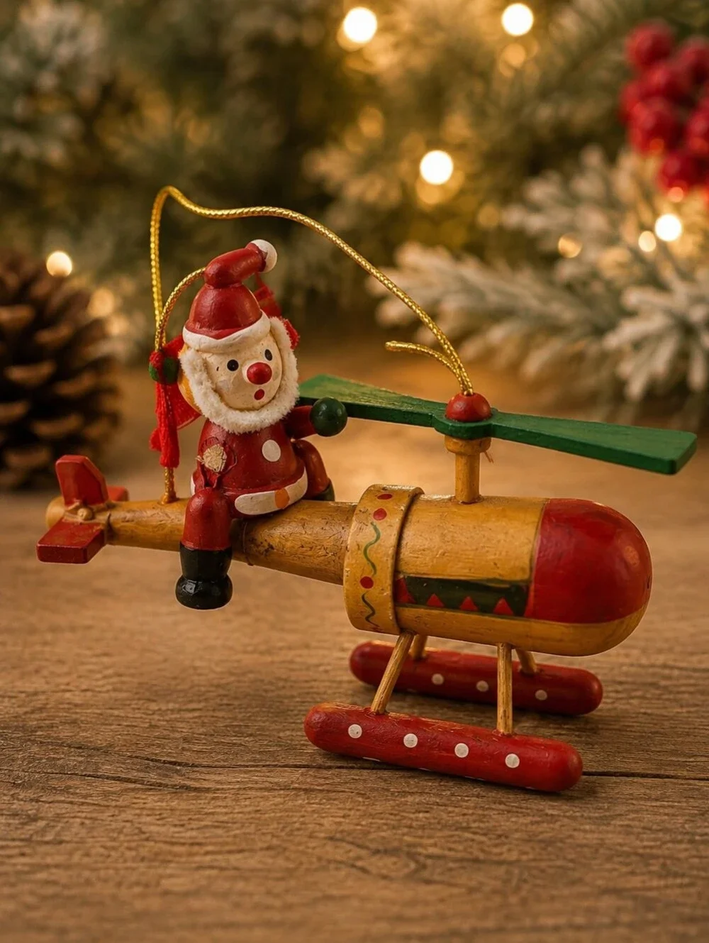 Santa Helicopter Wooden Christmas Ornament Whimsical Holiday Decor